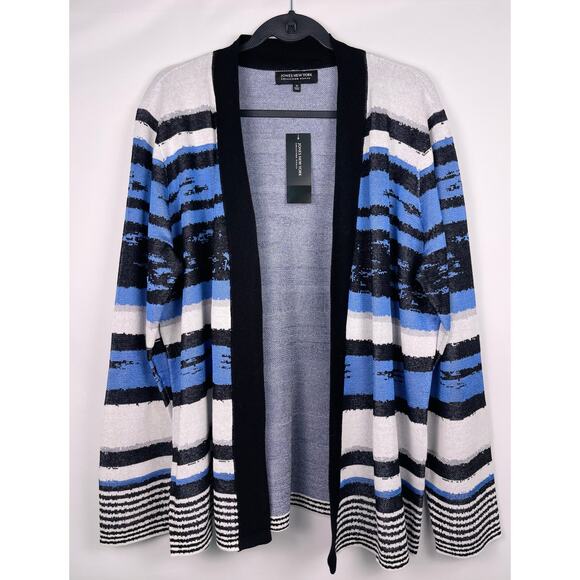 NWT Jones New York Blue and Black Striped Open Cardigan Sweater Size 2X - Picture 1 of 8